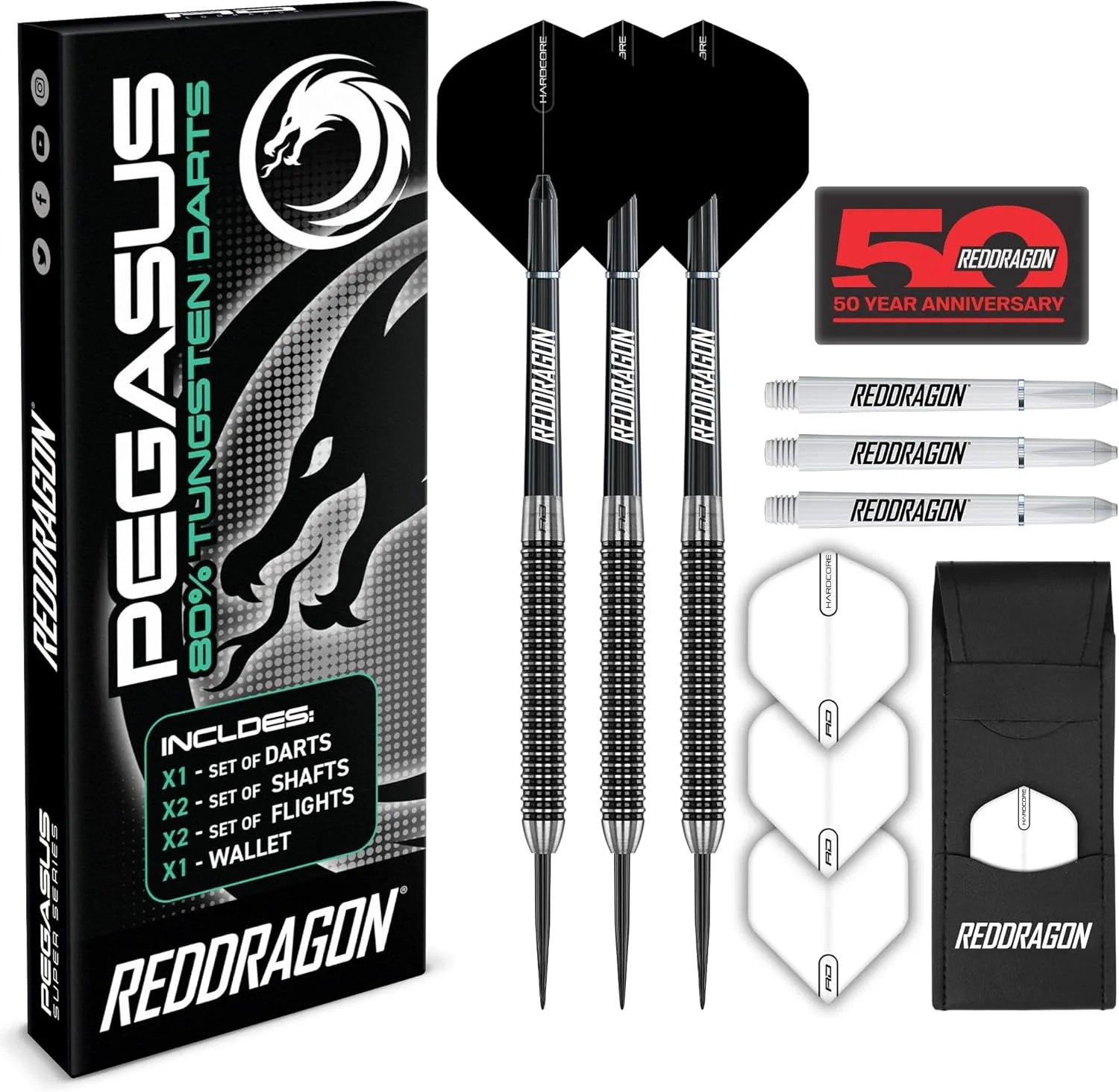RED DRAGON Pegasus Professionelles Dartpfeil-Set aus Wolfram, erhältlich in 21, 23, 24, 25, 26, 28, 30 Gramm, mit Flights, Schäften (Schäfte) und Geldbörse
