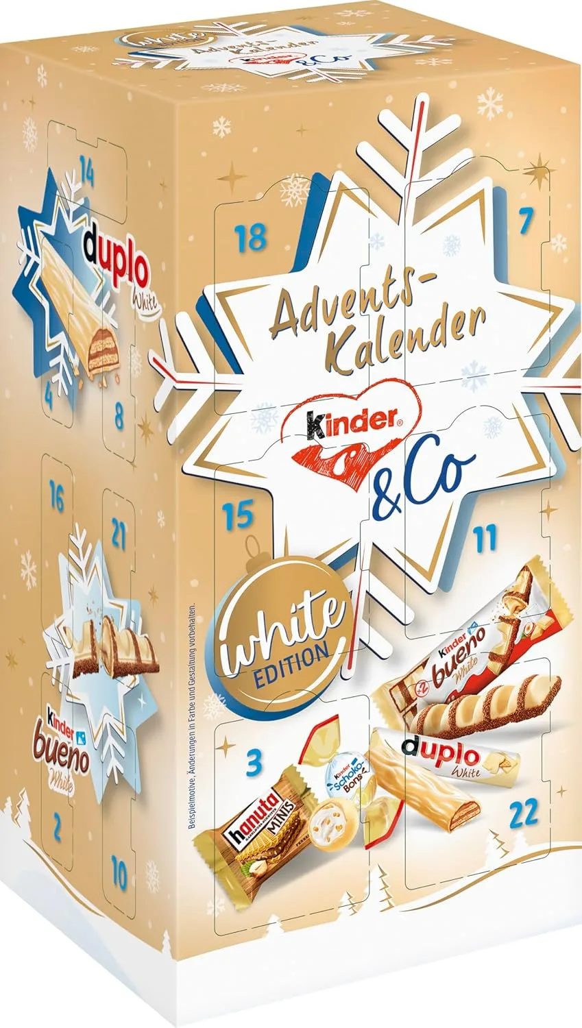 kinder and Co. White Adventskalender 2025 – Adventskalender mit Schokoladen-Spezialitäten von Ferrero – kinder bueno White, Schoko-Bons, duplo & hanuta Minis – 1 Kalender à 263 g