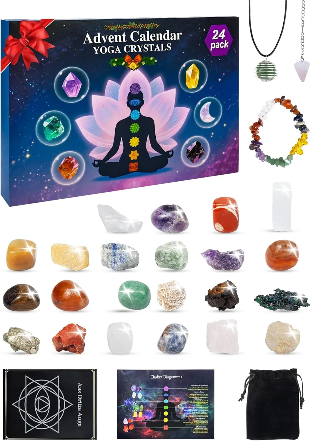 Edelstein Adventskalender 2025 für Frauen & Männer - 24 Tage Weihnachtskalender Edelsteine mit Chakra Armband aus Echte Heilsteinen für Yoga Edelstein Liebhaber