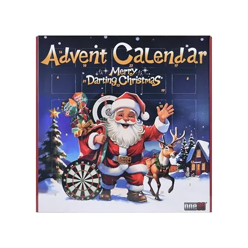 ONE80 Dart Adventskalender 2025 Weihnachten – Geschenkset für Dartspieler | 24 Tage Überraschungen rund um Darts | Steeldarts & Zubehör | Perfekt für Einsteiger & Hobbyspieler mit Dartscheibe