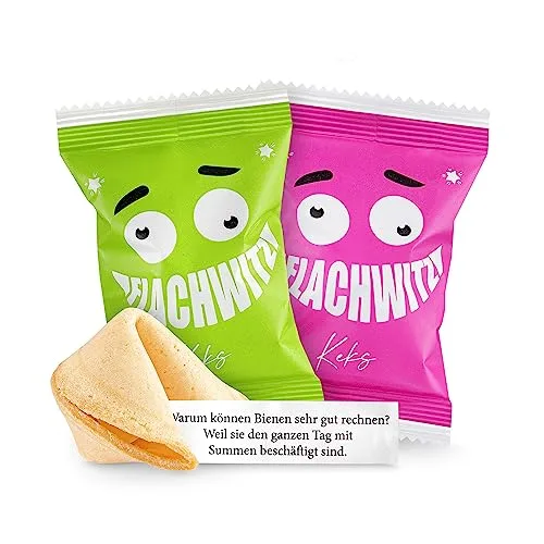 Glückskekse Flachwitze 30er Packung grün und pink | Glückskekse lustige Flachwitze für Kinder und Erwachsene zur Party, Geburtstag, Candybar, Geschenk | Kekse frisch gebacken vegan & made in Germany