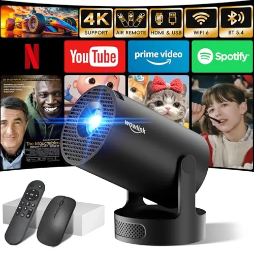 Mini Beamer Unterstützt 4K 1080P, Projektor Tragbarer mit WiFi 6 und Bluetooth 5.4, Beamer Klein Projektor Auto Keystone 180°Dreh Kompatibel mit HDMI/TV Stick/Memory Stick/Laptop, Schwarz
