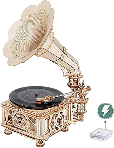 ROKR 3D Holzpuzzle für Erwachsene Teenager DIY Modellbausatz Basteln Mechanische Puzzle-Klassisches Grammophon, Automatischer und Manueller Modus LKB01D
