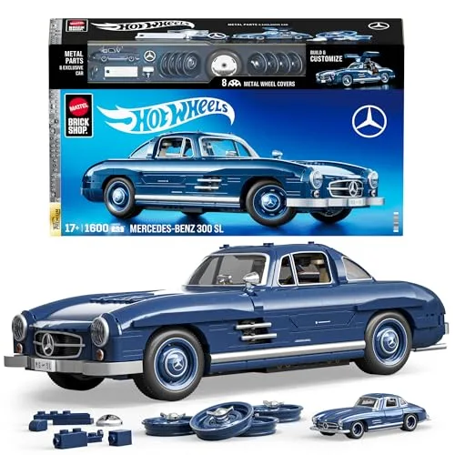 ​Mattel Brick Shop Hot Wheels Premium Serie Bauset, Mercedes-Benz 300 SL mit 1600 Teilen, realistischen Details und Metallteilen, für Sammler, HWW25, [Mehrfarbig]
