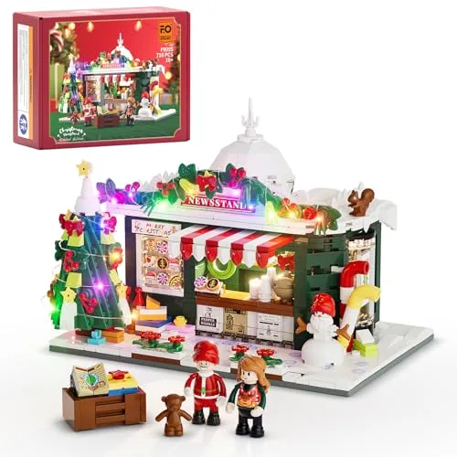 FUNWHOLE Weihnachtskiosk Licht-Baustein-Set - Stadt Weihnachtshaus LED-Licht Winterdekoration Modular Bausatz 718 Teile, ideal als Sammlerstück für Erwachsene und Familien