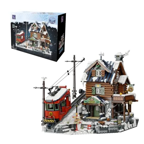 PANTASY Winter Ski Lodge Bauset, 3-stöckige Berghütte mit Vintage-Seilbahn & verschneiter Landschaft, Modulares Architektur-Baumodell mit aufklappbarer Wand, Eishöhle & Minifiguren