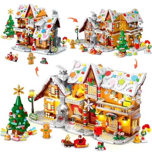 2025 Weihnachts Lebkuchenhaus Bausatz mit Licht – 3 Stilmodi Weihnachtsdorf Bausteine mit Weihnachtsmann Weihnachtsbaum Zug –Weihnachts Klemmbausteine für Erwachsene Kinder Jahren 6+（1477Stück）