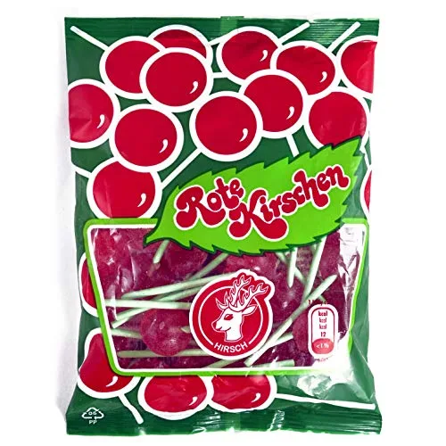 Rote Kirschen, Das "ORIGINAL" von HIRSCH, Kirschlutscher mit dem original grünen Stiel, 100g Beutel