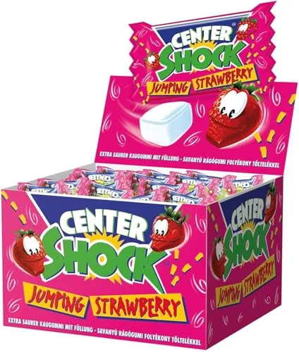 Center Shock Jumping Strawberry, Box mit 100 Kaugummis, extra-sauer mit Erdbeer-Geschmack, geeignet für Geburtstag, Pinata, Partys, Weihnachten und Halloween, 400g