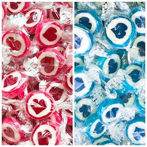 Herzbonbons zu Hochzeit Taufe Kommunion 1000g Großpackung - handgewickelte Rocks-Bonbons mit Herz - Tischdeko, Nascherei, Gastgeschenke zur Hochzeit, Deko, Süßigkeiten - in Rot und Blau