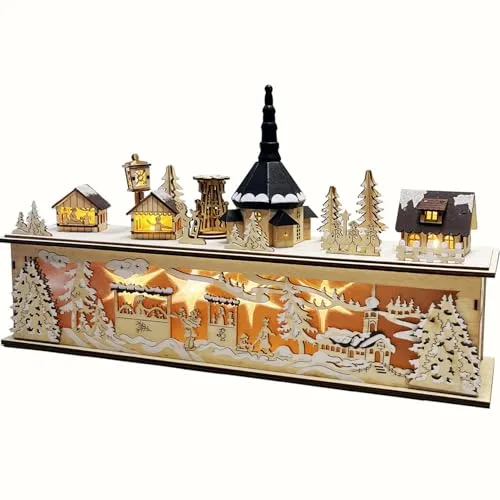 [Verbesserte] LED Schwibbogen Weihnachten Winterlandschaft mit Podest, Holz Lichtersockel Batteriebetrieben, Weihnachtsmarkt Beleuchtung, Lichterbogen Weihnachtsdeko Fensterbank Innen, Breite 45 cm
