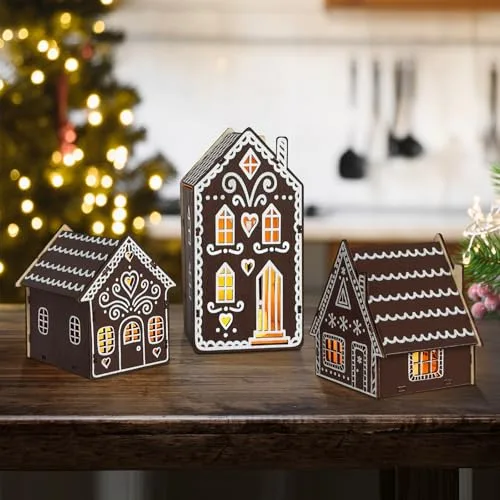Bseical 3 Stück Weihnachtsdorf mit Beleuchtung, Weihnachtshaus, Weihnachtsdeko Haus, Holzhaus Weihnachtsdeko Innen Mini Weihnachtsstadt Außen Garten Weihnachtsdorf (Kaffeefarben)