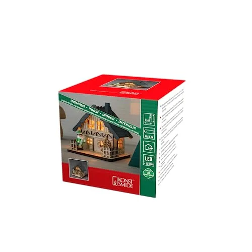 Konstsmide LED Holzsilhouette naturfarben, Holzhaus mit grauem Dach, 2 warm weiße Dioden, batteriebetrieben, Innen - 3232-100