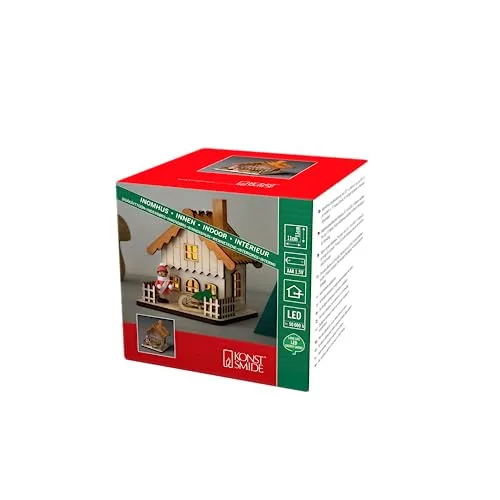 Konstsmide LED Holzsilhouette naturfarben, Holzhaus mit orangem Dach, 2 warm weiße Dioden, batteriebetrieben, Innen - 3233-100, mittel