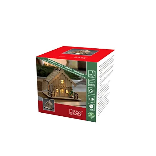 Konstsmide LED Holzsilhouette naturfarben, Holzhaus mit naturfarbenem Dach, 2 warm weiße Dioden, batteriebetrieben, Innen - 3234-100