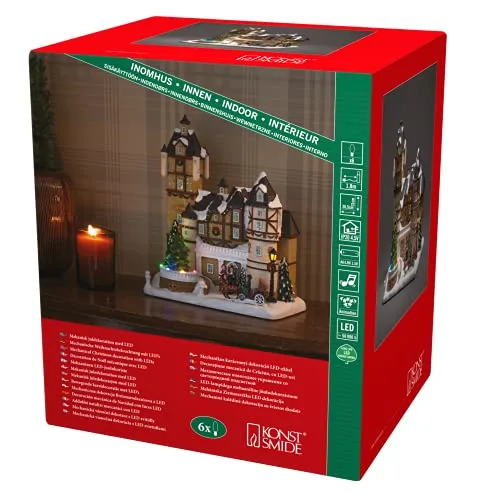 Konstsmide LED Fiberoptikhaus mit Burgszene und Weihnachtsbaum, mit Musik, 6 Bunte Dioden, 4, 5V Innentrafo/batteriebetrieben, Innen, 0,3W, schwarzes Kabel, Batterie: 3 x AA 1, 5V (exkl.) - 4232-000