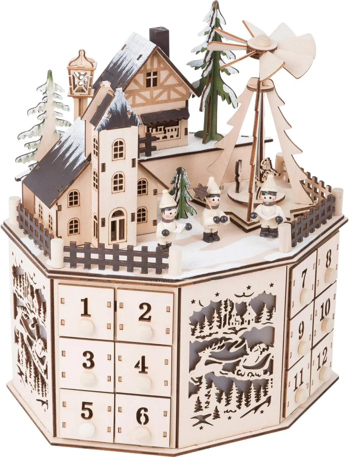 Small Foot Adventskalender mit Pyramide aus Holz, detailreich gestaltet mit Beleuchtung, mit 24 Schubladen, 10997, Natur