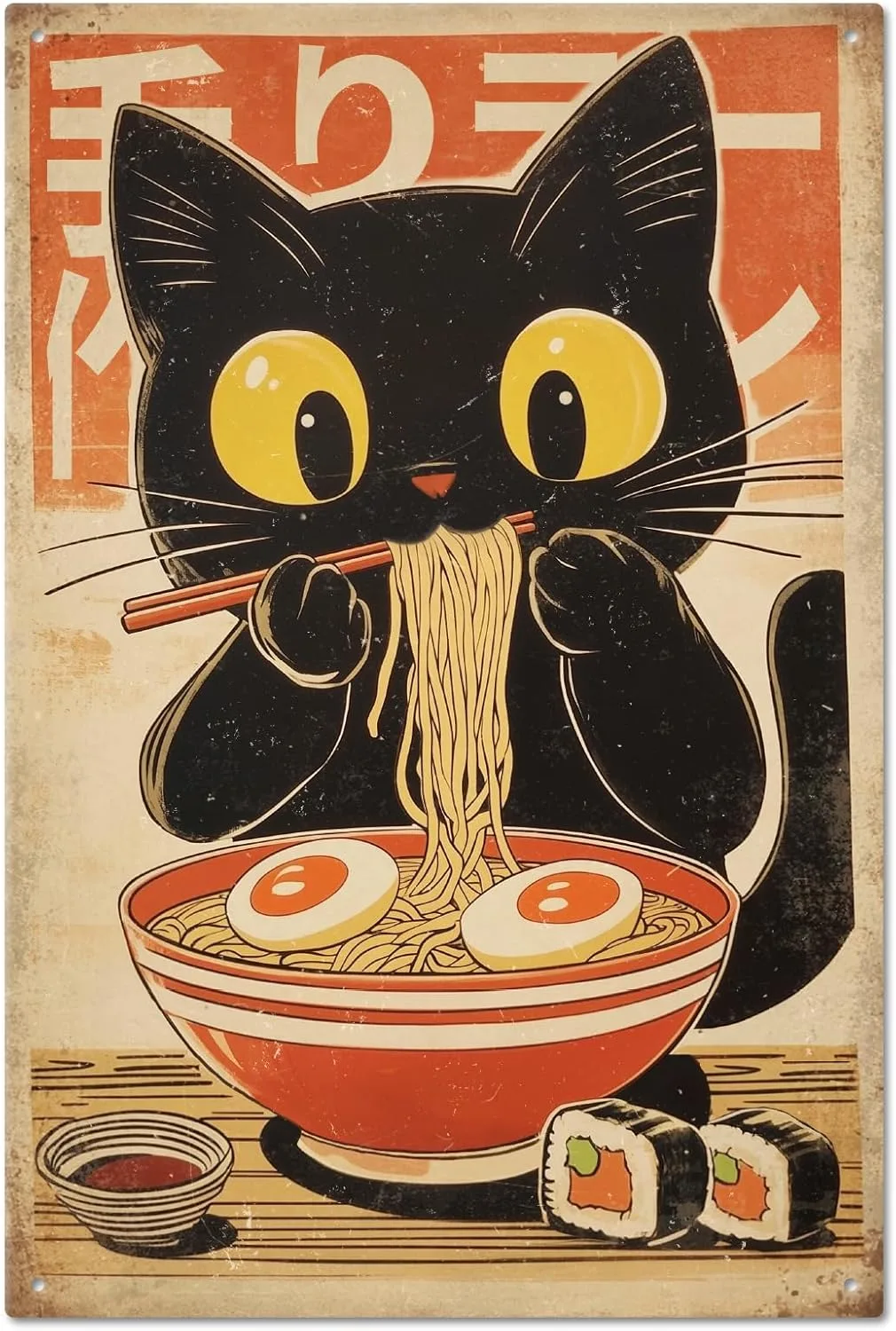 GLOBLELAND Katze Blechschild Japanische Ramen Metall Blechschild Metall Vintage Schild 12×8 Zoll Lustige Wanddekoration Blechschilder Für Zuhause Bauernhof Bar Kaffeestube Club Dekoration