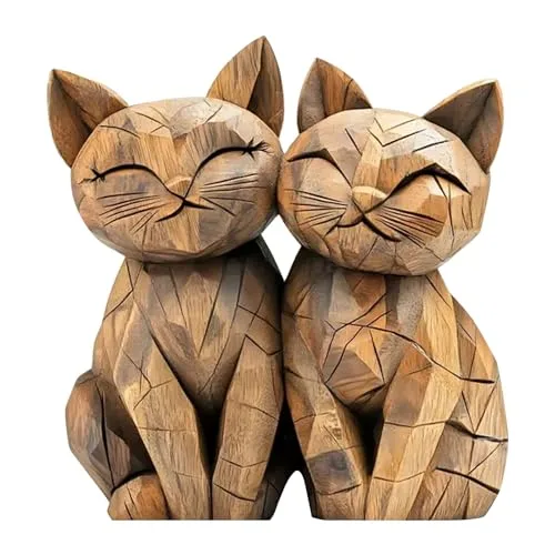 LunarCharm Holzskulptur eines Katzenpaars – 2D-Flache Schreibtischdekoration mit aneinander kuschelnden Katzen, Katzen Deko, Dekoration für Zuhause und Büro, Geschenk für Katzenliebhaber