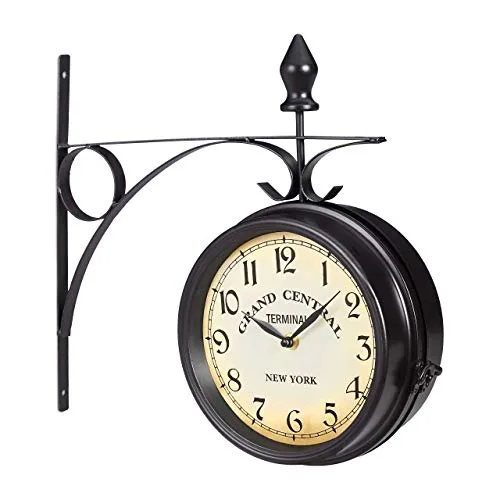Relaxdays Bahnhofsuhr doppelseitig, Batterie, Retro, New York, HBT 35 x 35 x 10 cm, zweiseitige Wanduhr Vintage, schwarz