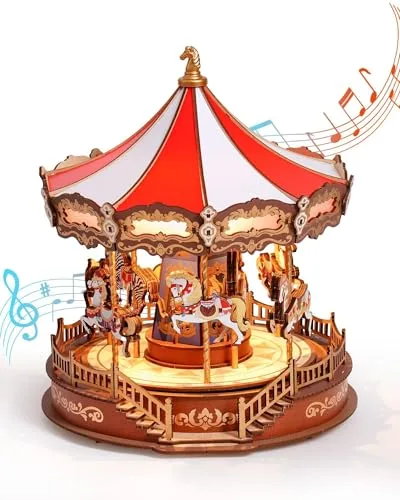 ROWOOD Karussell 3D Puzzle Holz, Musik Box Modellbausatz für Erwachsene, DIY Spielzeugbausatz für Modellbau Konstruktionen Bastelset, Perfekt als Weihnachts oder Geburtstagsgeschenk