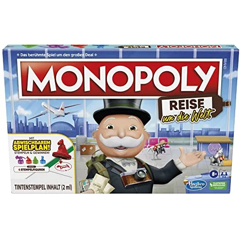 Hasbro Monopoly Reise um die Welt, Brettspiel für Kinder und Erwachsene, perfekt zum Mitnehmen und die Welt kennenlernen, mit dem bekannten Mr. Monopoly, ab 8 Jahre geeignet (deutsche Ausgabe)