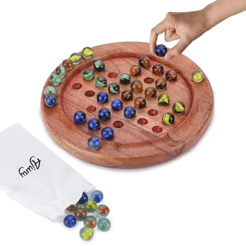 Ajuny Classic Solitaire Handgefertigtes Brettspiel aus Holz mit 4 Farbigen Murmeln, lustige Tischspiele im indischen Vintage Design – ideal für Familienspaß und als Dekoration für das Zuhause