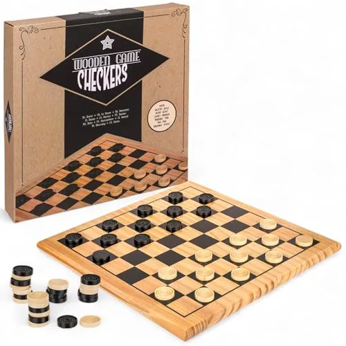 MIJOMA Holz Brettspiel – Schach, Dame oder Solitaire – Klassisches Spiel aus Holz, ca. 28,5x28,5 cm, Denkspiel für Kinder & Erwachsene (Dame)