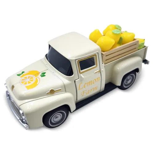Teeloray Zitronen Truck Dekor, Zitrone Dekorationen für Zuhause, Metall LKW Dekor mit 10 Kleinen Künstlichen Zitronen und Holzkiste für Schaufenster Tisch Centerpieces Haushalt Küche Sommer Party