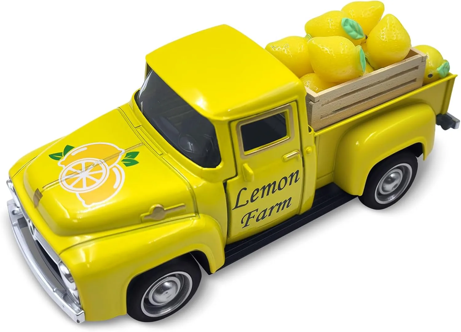 Teeloray Zitronen Truck Dekor, Zitrone Dekorationen für Zuhause, Metall LKW Dekor mit 10 Kleinen Künstlichen Zitronen und Holzkiste für Schaufenster Tisch Centerpieces Haushalt Küche Party, Gelb