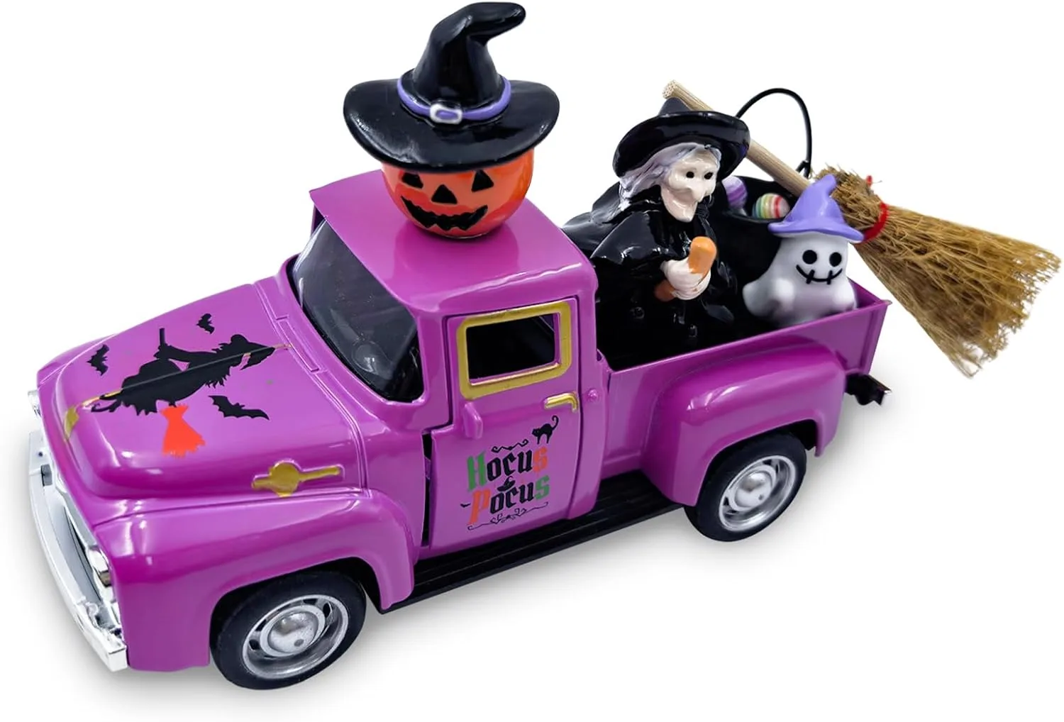 Halloween Hexen Deko, Vintage Metall Truck mit Miniatur Hexe Figuren, Geister Harz Kürbis, Süßigkeiten Kessel, Miniaturbesen und für Zuhouse, Hexen Dekor für Kaminsims Centerpieces Tisch Party