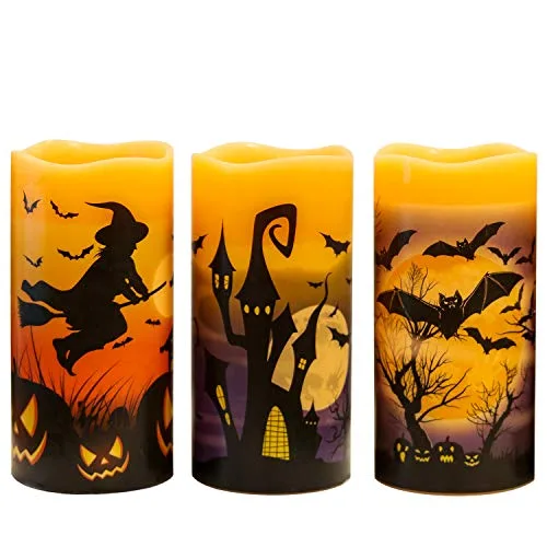 Eldnacele Halloween Flammenlose Stumpenkerzen mit 6H Timer, Batteriebetriebene Echtwachs LED Kerzen mit Fledermäusen Schloss Hexenmuster für Horror Gruselige Halloween Dekoration Geschenk 3 Stück