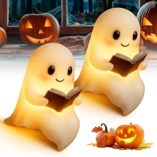 Halloween Deko Geister, 2025 Neu Einstellbare Halloween Deko Geister Licht, Cute Ghost Reading Lamp, Nette Geist Batteriebetrieb Deko Licht für Wohnzimmer Zimmer (2 Stück, Große)