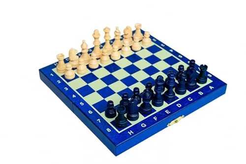 Holzschach Set Mini – Blaues Brett – Klappbares Schulschach – Kompakte Ausführung mit Stauraum