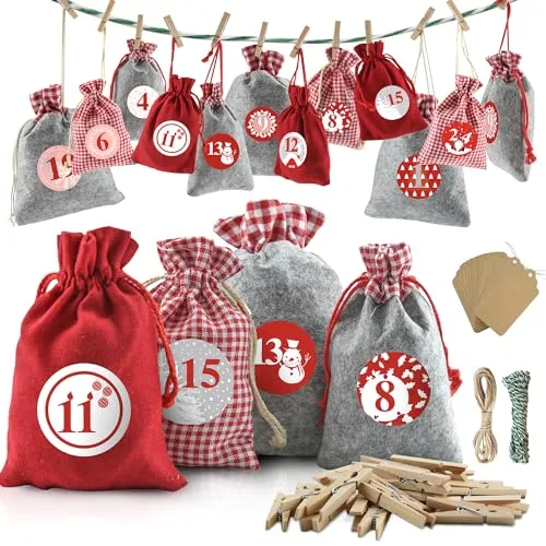 Dusor Adventskalender zum Befüllen Groß, 24 Adventskalender Selber Befüllen, Adventskalender Säckchen, Weihnachtskalender zum Befüllen, Adventskalender zum Befüllen Stoff, Adventskalender 2025 Kinder