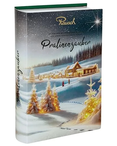 Rausch Adventskalender Pralinen im Buchformat – Handgefertigter Adventskalender ungewöhnlich aus feinster Schokolade mit 24 edlen Pralinen – Milch-, Zartbitter- und weiße Schokolade