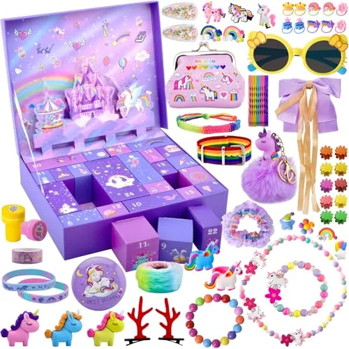 Adventskalender 2025 für Mädchen, Weihnachts-Countdown-Kalender 24 Tage Weihnachts-Countdown-Einhorn-Geschenke für Kinder, Mädchen, einschließlich Haarschmuck, Haarspangen, Armbänder, Geldbörse