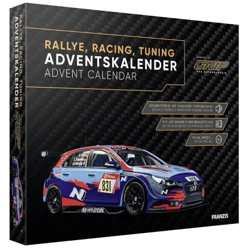 FRANZIS 67192 - Adventskalender Rallye, Racing, Tuning, powered by GRIP, Modellbausatz eines Rennfahrzeugs im Maßstab 1:43