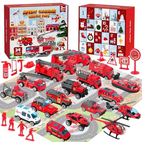 Adventskalender 2025 Kinder Auto,24 Weihnachtskalender Jungen Spielzeug mit 18 Feuerwehrauto und Zubehör,Adventskalender Befüllen Fahrzeug ab 3 4 5 6 7 8 9 10 11 Jahre,Christmas Advent Geschenke
