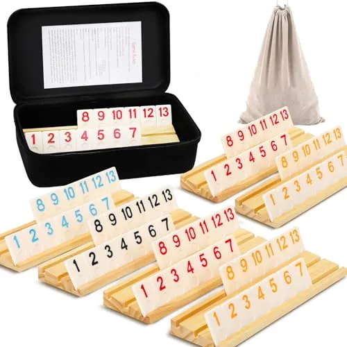 SOOPOTAY Rummy Cup Brettspiel Für 2-6 Spieler – 160 Melamin-Fliesen, 6 Holzhalter, Premium-Koffer & Beutel – Reisespiel für Erwachsene