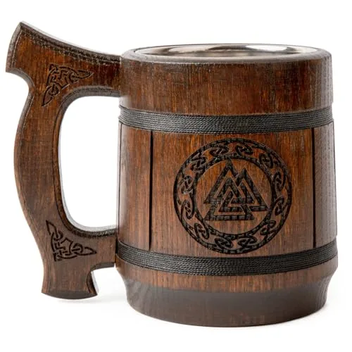 TESLYAR Wikinger krug für Bier 0,6 Liter | Bierkrug für Männer | Becher | Maßkrug | Bier Geschenk | Geschenkideen für Männer, Geschenk Vatertag (Odin Zeichen Braun)