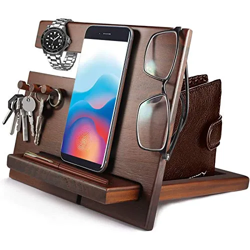 Geschenke für Männer Geburtstag Holz Telefon Dockingstation Uhren Geldbörsen Nachttisch Organizer Weihnachten Männer Geschenk, Geburtstagsgeschenke für Männer oder Vater Schreibtisch Organizer Holz