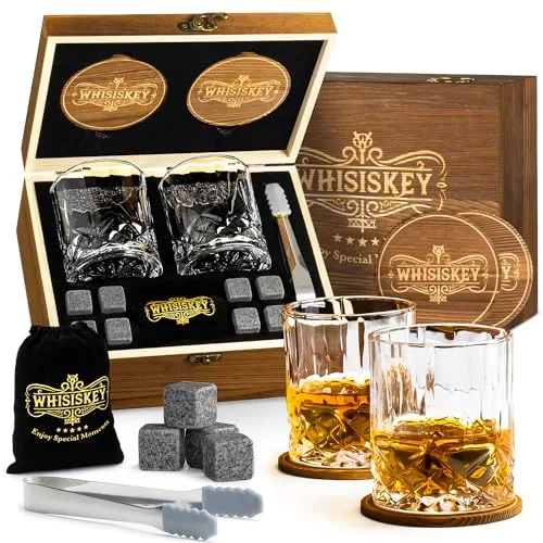 WHISISKEY Whisky Gläser Set - Whiskey Geschenkset Glas - Whiskygläser - Geschenke für Männer - Männergeschenke - Geburtstagsgeschenk Mann - Geschenkbox, 2 Rum Gläser x 310ML, 8 Whiskey Steine