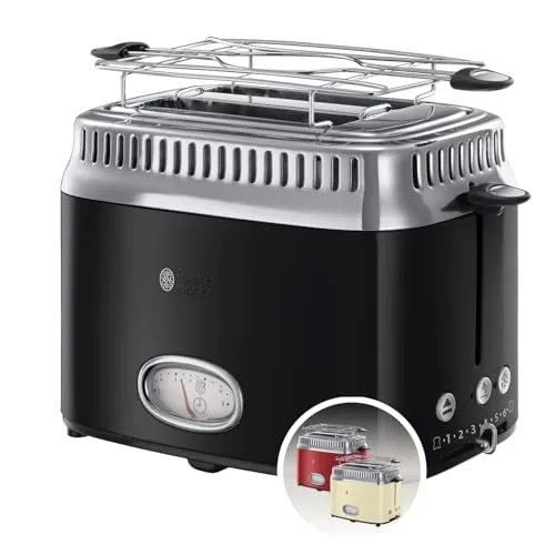Russell Hobbs Toaster [für 2 Scheiben] Retro Edelstahl Schwarz (Countdown-Anzeige im Retrodesign, inkl. Brötchenaufsatz, 6 Bräunungsstufen + Auftau- & Aufwärmfunktion, 1300W) Vintage 21681-56