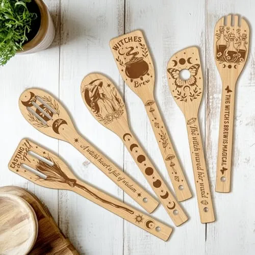 CUTHOLLOW 6-teiliges Hexe, Magie Küchenutensilien Holz, Kochutensilien Set Holz, Pfannenwender set Spülmaschinenfest, Kochlöffel aus Bambus, Einzigartiges Einweihungsgeschenk für Frauen