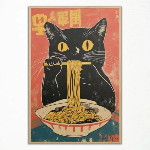 Vintage Japanische Katze Leinwand Wandkunst, Schrulliges schwarzes Katzen essendes Ramen Poster, Retro Lustiges Tier Essen Kunstdruck, Einzigartige Küche Esszimmer Wanddekoration 30x40cm ungerahmt