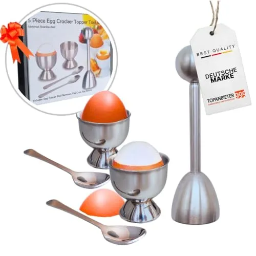 TOPANBIETER 999 Eierköpfer Set 5-teilig aus Edelstahl – Eieröffner mit 2 Eierbechern & 2 Löffeln – Eierknacker, Eier-Öffner, Eierschalenschneider, Eierschneider, Küchenhelfer für Frühstücksei