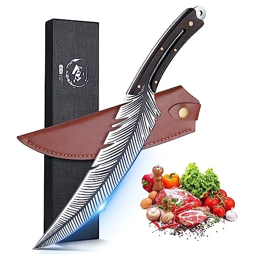 DRAGON RIOT Japanisches Kochmesser, Profi Küchenmesser Scharf Grillmesser, Schönes Outdoor Messer mit Lederscheide Fleischmesser für Küche Camping Grill