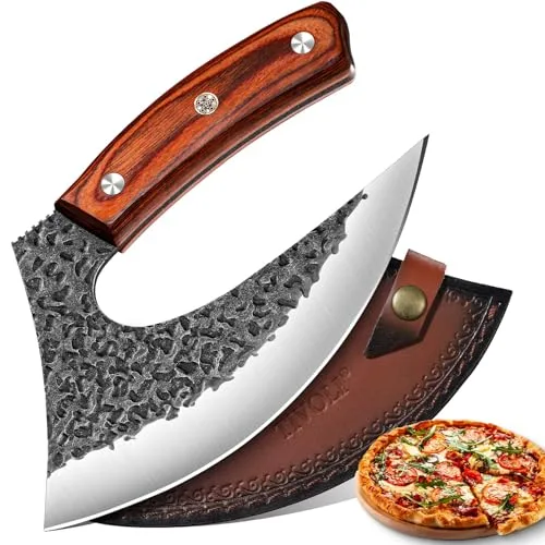 TIVOLI Professioneller Pizzamesser mit scharfer rostbeständiger Klinge aus Kohlenstoffstahl Pizza Axt aus hochwertigem Kohlenstoffstahl, Handgefertigte Pizzaschneider mit Lederscheide