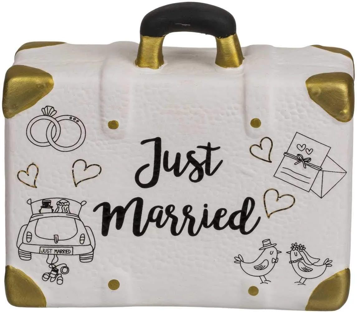 OOTB Keramik Spardose Koffer mit Stopfen, Hübscher Geldkoffer mit Aufschrift Just Married, 12, 5 x 14 x 5, cm, Witzige Verpackung für Geld-Geschenk für Die Hochzeit. Alternative für Sparschwein